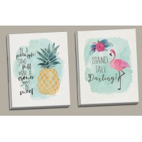 Tropical Inspirational Watercolor Flamingo and Pineapple "Be A Pineapple: Stand Tall, Wear A Crown and Be Sweet" and "Stand Tall Darling" Set; Two 16x20in Hand-Stretched Canvases.   